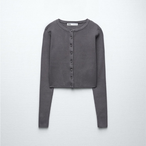 Zara womens gray long sleeve button front ribbed crop top - Picture 1 of 5